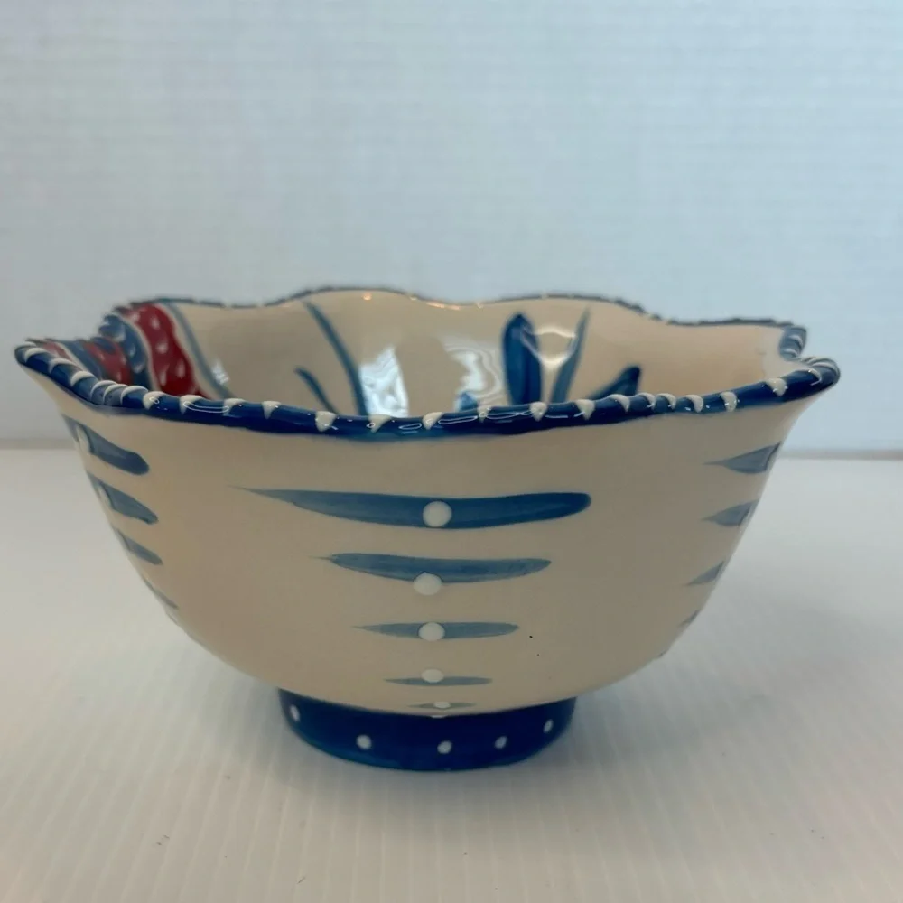 Blue Sky Ceramics Pedestal Scalloped Bowl Heather Goldminc RED BLUE FLOWERS